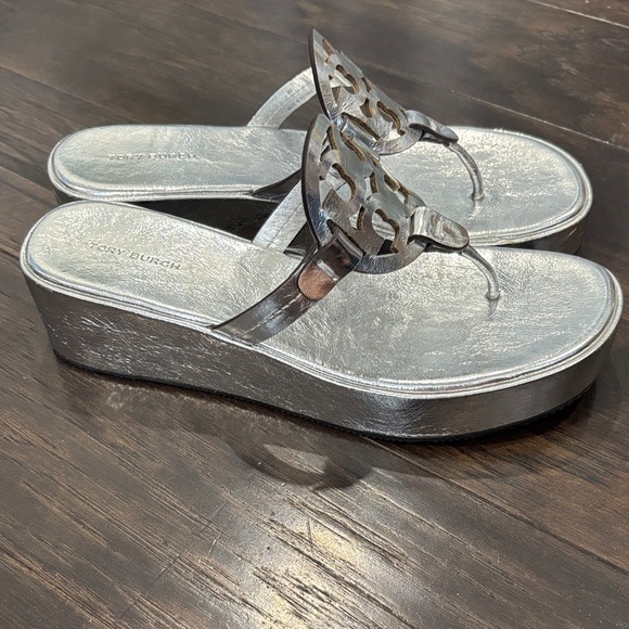 Tory Burch Metallic Silver Wedge Miller Sandals - Picture 4 of 7